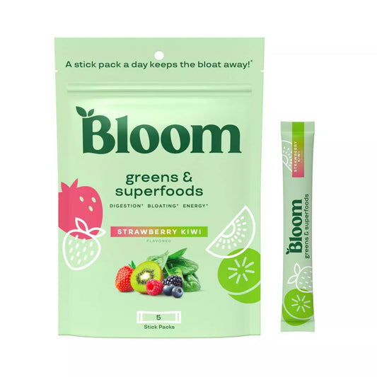 PRE-ORDEN BLOOM NUTRITION Greens and Superfoods Powder Stick Pack - Strawberry Kiwi - 5ct | BLOOM