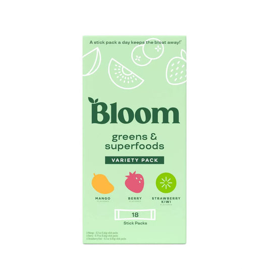 PRE-ORDEN BLOOM NUTRITION Greens and Superfoods - Mango/Berry/Strawberry Kiwi - Variety Box - 18ct | BLOOM