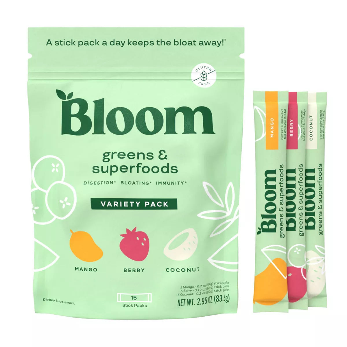 PRE-ORDEN BLOOM NUTRITION Greens and Superfoods Variety Stick Pack - 2.95oz/15ct | BLOOM